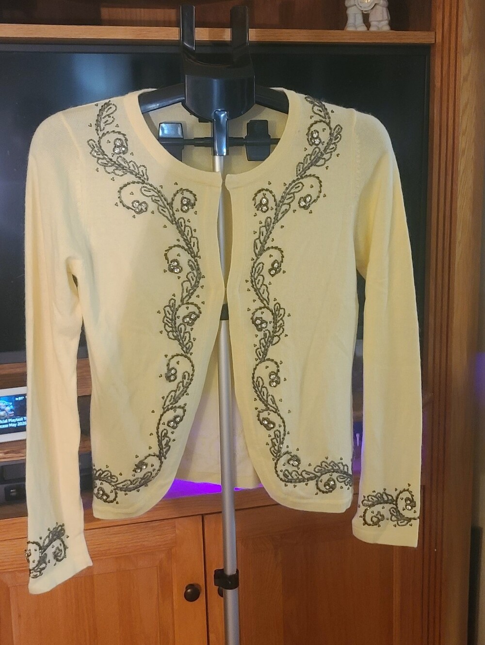 Karen Kane Pale Yellow Embellished Knit Cardigan